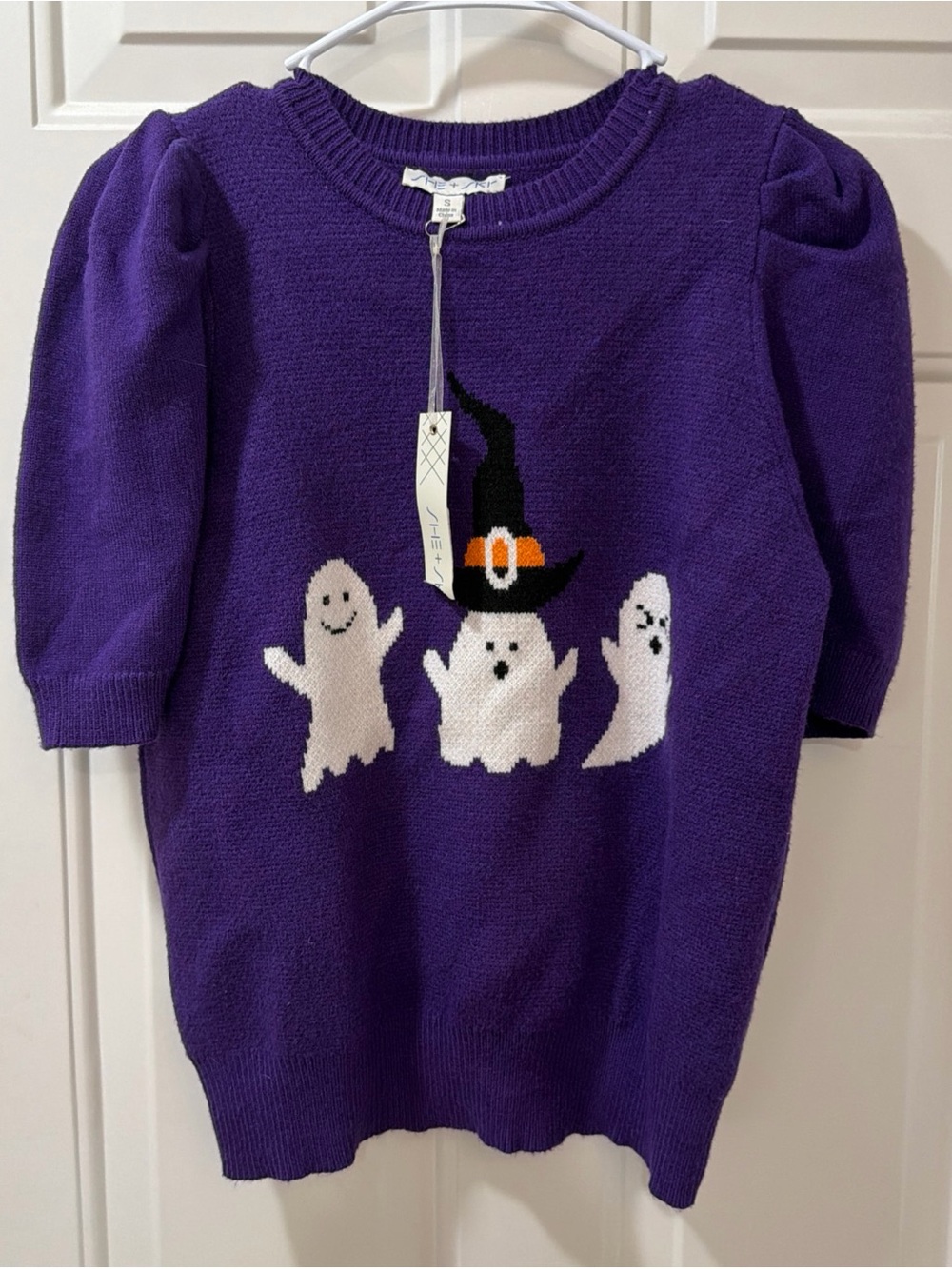 Halloween Ghost Purple Short Sleeve Sweater Womens  Size Small New